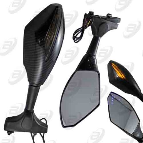 ESPEJOS CON LUZ DIRECCIONAL AMARILLA /FLECHA LED AZUL ENTRADA AJUSTABLE 28-65 mm FIBER CARBON PATTER MOTOS DEPORTIVAS